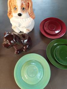 Vintage Plates, Dog Figurine, and Cookie Jar