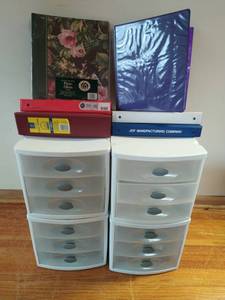 Collection of Plastic Storage Drawers and 3 Ring Binders