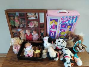 Collection of Vintage Dolls, Barbie Case, and Stuffed Animals