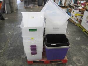 lot 508 image: Pallet of Roughly 40 Plastic Storage Totes - Missing Lids and Some Damage