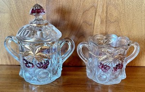 Antique Northwood Cherry and Cable Clear Ruby Stained Gold Gilt Sugar Bowl and Creamer & More