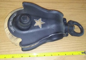 lot 17 image: Starline Inc. Restored Wood Hayloft Swivel Pulley.