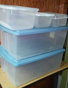 lot 741 image: 15 Gal. Totes (2) and Storage Bons (3) Excellent