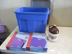 Tote of antique jars, cans and file folders