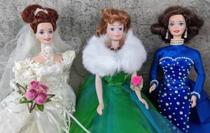 lot 9 image: 3 Porcelain Dolls Romantic Rose Bride & Evening Pearl Barbies, Midge at 30 - Boxes, COAs