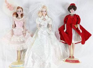 lot 11 image: 3 Porcelain Barbies Plantation Belle 1964  Star Lily Bride  Silken Flame - with Boxes, COAs