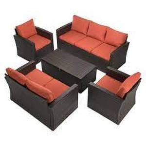lot 2 image: 5-Piece Wicker Patio Conversation Furniture Set with Orange Cushions - minor damage
