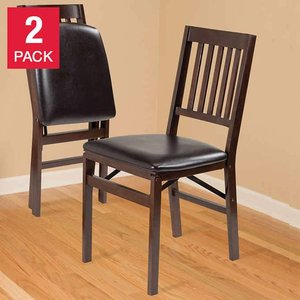 lot 25 image: Stakmore Solid Wood Upholstered Folding Chair, Espresso, 2-Pack