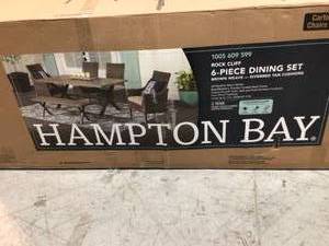 Rock Cliff 6-Piece Brown Wicker Outdoor Patio Dining Set with Bench and CushionGuard Riverbed Tan Cushions by Hampton Bay Customer Returns See Pictures