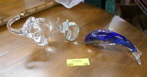 Art glass elephants and dolphin
