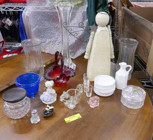 Group of glass vases, candle holder, trinket boxes, and wood angel