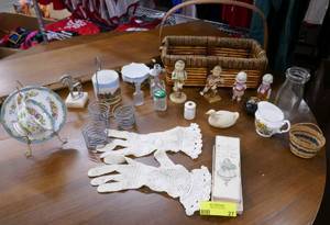 Group of vintage gloves, figures, china, Olivia cups, milk jar, sachet, egg cooker, basket