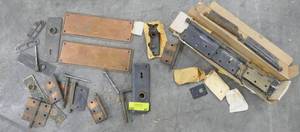 Lot of vintage brass door hinges, brass house number plates etc