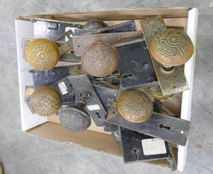 Vintage decorative brass door knobs, face plates, strikes