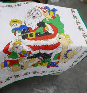Large box of christmas dcor, bear, hand towels, sleigh, hat, angels, quilt