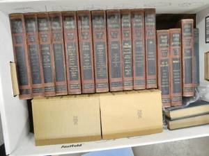 2 Large boxes of vintage books, Richards Topical Encyclopedia set from 1943, ebay gets $100 for a 1940 version, also Walt Whitman Leaves of Grass hardcover in a slipcase and Longfellow collection, Alexander Dumas, O. Henry series and more