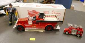 Die cast Eastwood Fire Engine bank, Fire truck clock and fireman figure