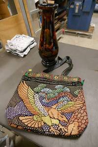 Asian wood vase 16 tall and Beaded purse 15x14, both New
