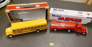 2 Die-cast vehicles Ertl Mobil Oil tanker and a school bus