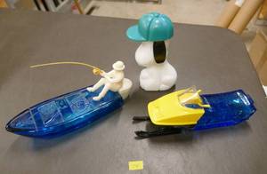 3 iconic Avon collectibles, fishing boat, snowmobile and snoopy