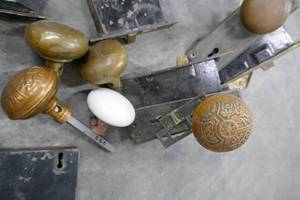 Vintage decorative brass door knobs, face plates, strikes