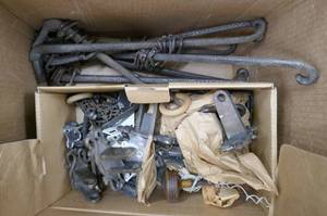Group of vintage rod iron curtain rods and hardware