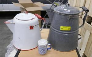2 large enamel coffee pots and small tin shaker