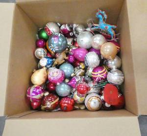 Box of vintage Christmas ornaments