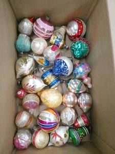 Smaller box of vintage Christmas ornaments and a Candle pyramid