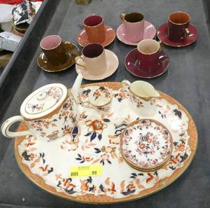 Large porcelain platter with tea set and set of 6 coordinated coffee cups with saucers in like new condition