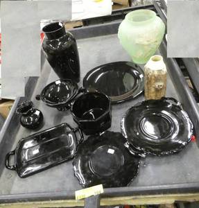 Lot of black glassware, green glass vase and unique log vase