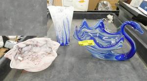 3 Beautiful art glass pieces, large swan, pink bowl with ruffle edge and blue and white vase with ruffle edge