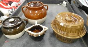 4 stoneware potter pieces, 2 beanpots and a covered roaster
