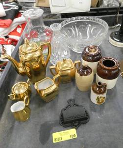 Group of kitchenware, tea set, stoneware, juice pitcher with cover, glass bowl, matchstick holder