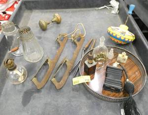 Vintage lot - ice skate blades, nut grinders, top, hair curler, brass door knobs, atomizer, mini perfume bottles
