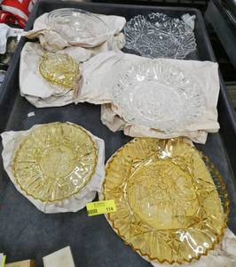 Vintage glassware, very pretty yellowgold plate and platter, and leaf shaped dish, clear glass bowls with scalloped edge, and a clear snack plate.  All are in excellent condition.