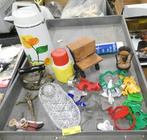Misc lot - cookie cutters, cut glass cracker tray, airpot, Peanuts thermos, sad iron, cross