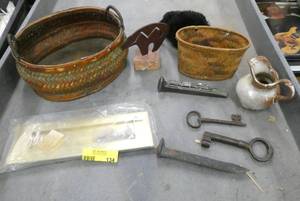 Vintage lot of railroad spikes, keys, baskets and brass house letter plate