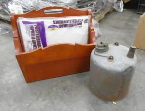 Magazine rack and vintage gas can