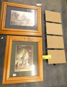 2 framed pictures and a frameless 4 photo hanger