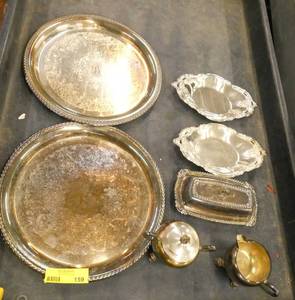 Lot of Silverplate platters, butter dish (with glass inside) cream and sugar