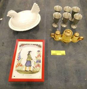 Set of 6 pewter shot glasscordials, salt and pepper, milk glass chicken (cracked tail) and Henriot Quimper post card framed