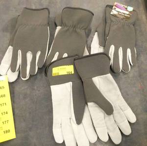 5 new pair of Medium gloves, leather palms and stretchy nylon on the top, 4 grey and 1 yellow