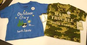 2 North Dakota t-shirts - Outdoor Guy and Major Trouble - choose from 3-6 months, 6-9 months, 12 months, 2T