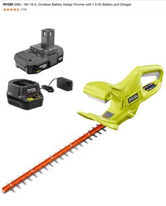 RYOBI ONE 18V 18 in. Cordless Battery Hedge Trimmer with 1.5 Ah Battery and Charger. See Pictures