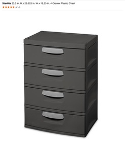 Sterilite 35.5 in. H x 26.625 in. W x 19.25 in. 4-Drawer Plastic Chest & Other Sized Plastic Bins. See Pictures