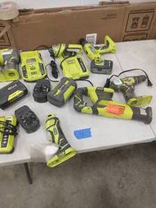 LOT OF USED RYOBI TOOLS BATTERYS AND CHARGERS