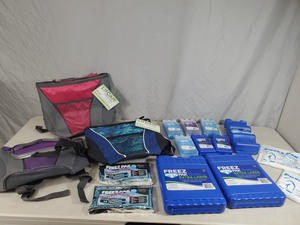 lot 90 image: 3 New Mini 8 Can Backpack Coolers and New Assorted Ice Packs