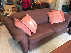 lot 210 image: Coffee- Colored Fabric Sofa & Pillows