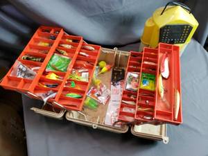 Tackle Box with Contents and Minnow Bucket